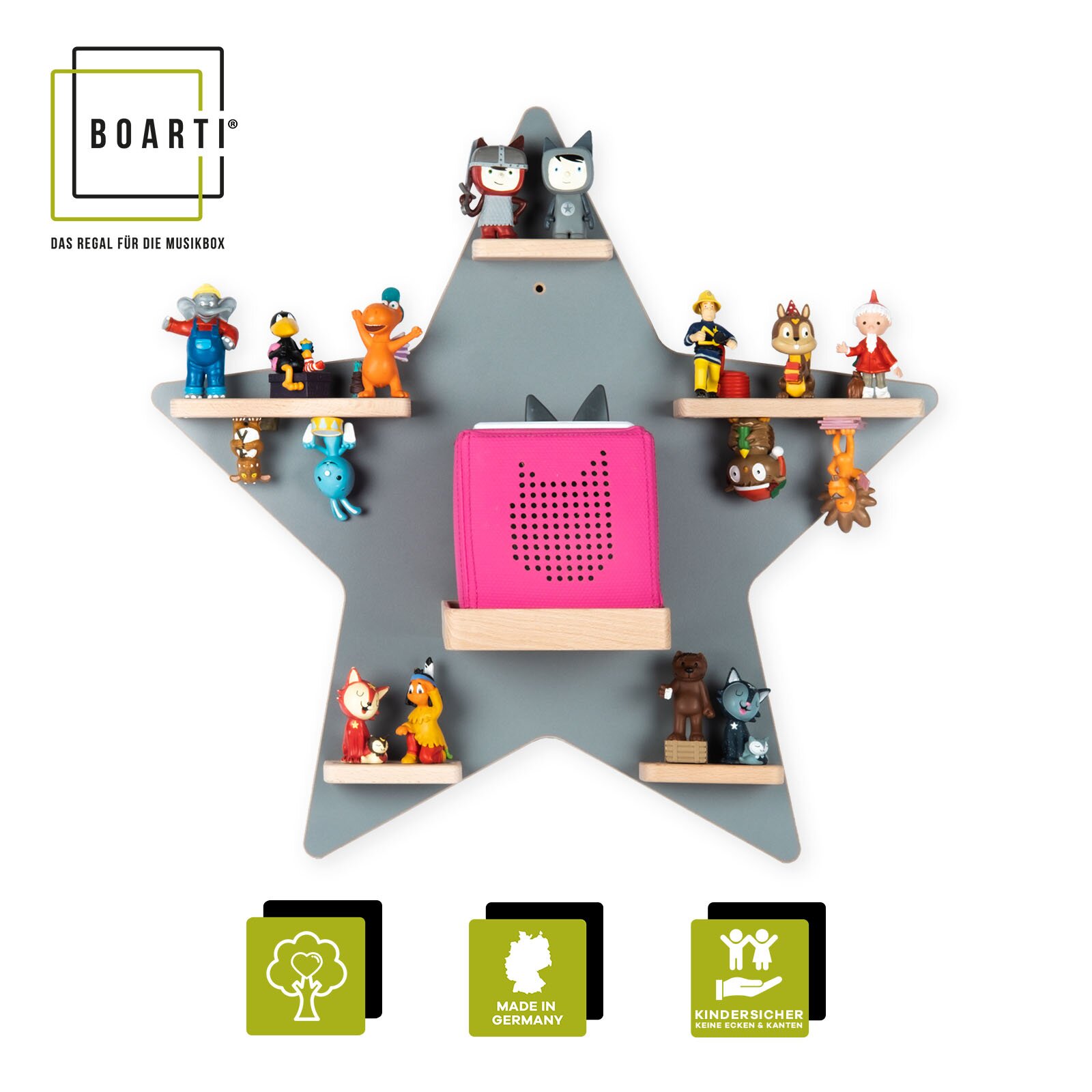 Graues, sternförmiges BOARTI Wandregal für eine Musikbox mit mehreren kleinen Holzablagen und bunten Spielfiguren, mittig eine pinke Toniebox; Frontansicht.