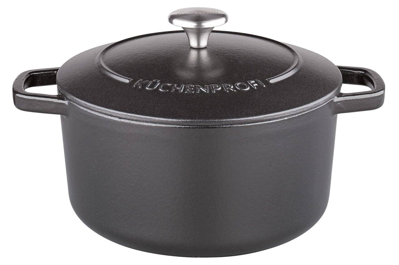 Runder Guss-Bräter 24 cm mit Deckel, seitliche Griffe, Vorderansicht