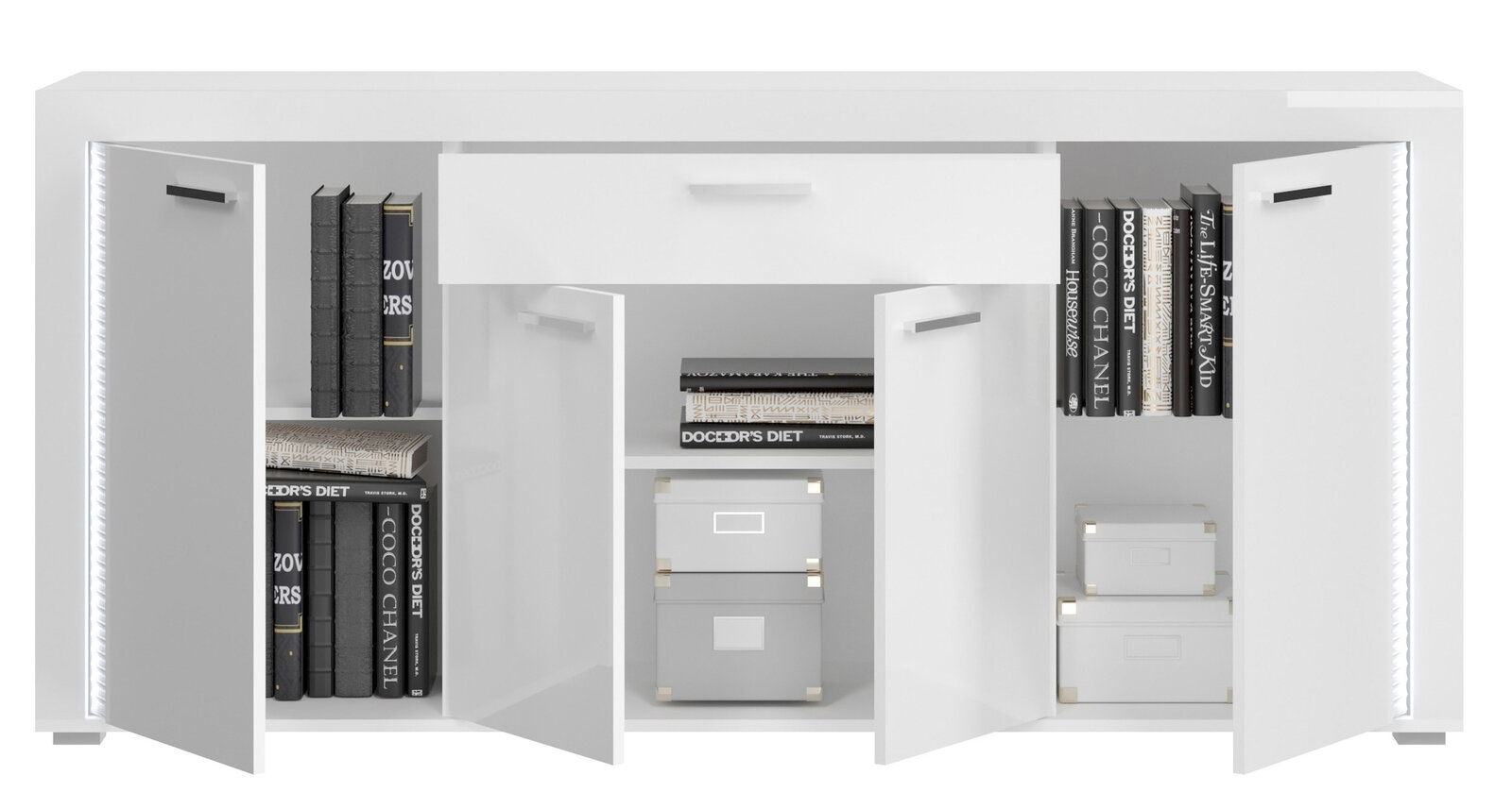 Weißes Sideboard mit mehreren offenen Türen, gefüllt mit Büchern und Aufbewahrungsboxen, frontal betrachtet.