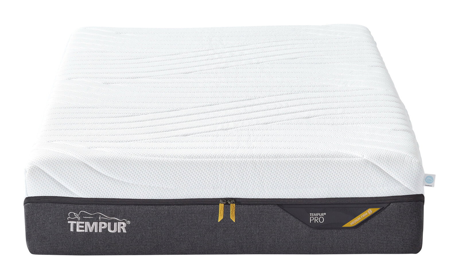 Matratze von vorne, TEMPUR Pro, mittelfest, mit weißem Bezug und grauem Rand