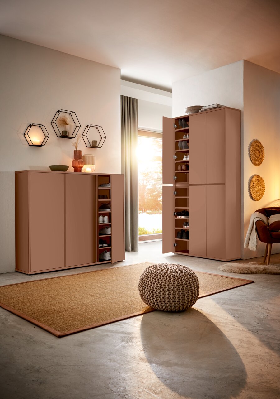 Moderne XXL-schoenen- en multifunctionele kast in een stijlvolle ruimte, zijaanzicht met geopende deur, waarin verschillende planken met schoenen te zien zijn.