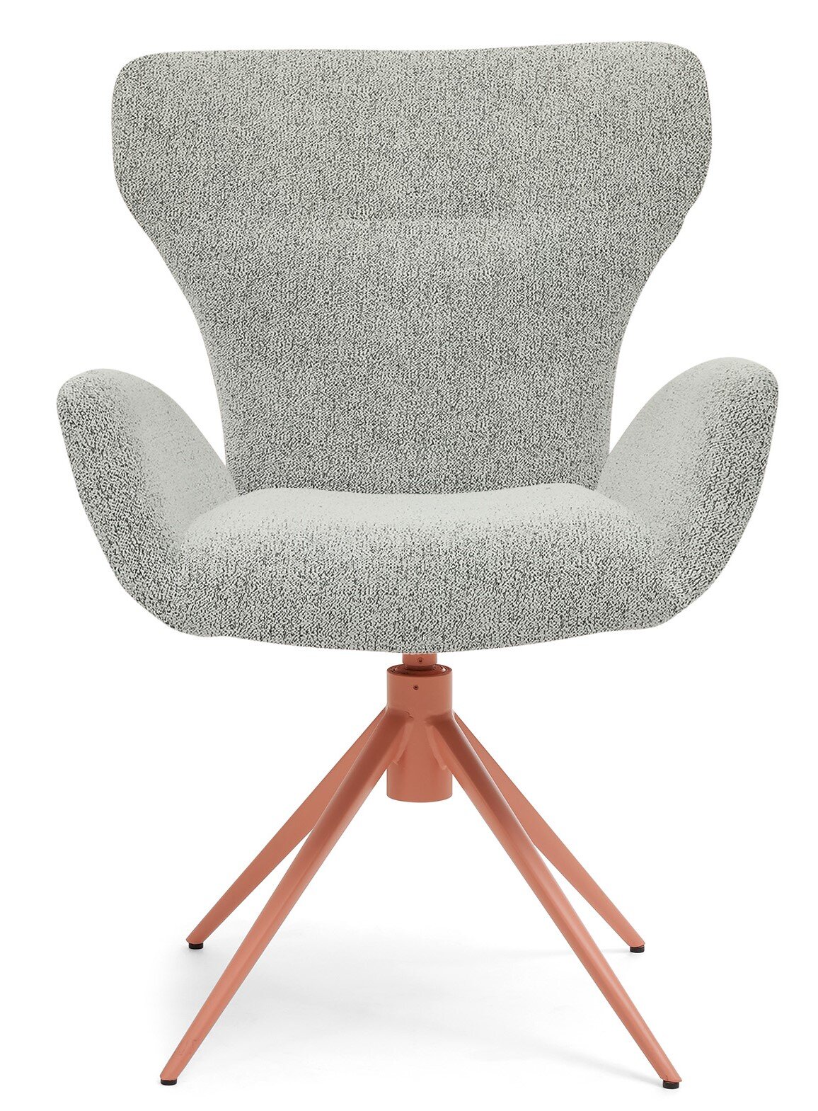 Moderne fauteuil met grijze stoffen bekleding en koperkleurig metalen frame, gezien van voren.