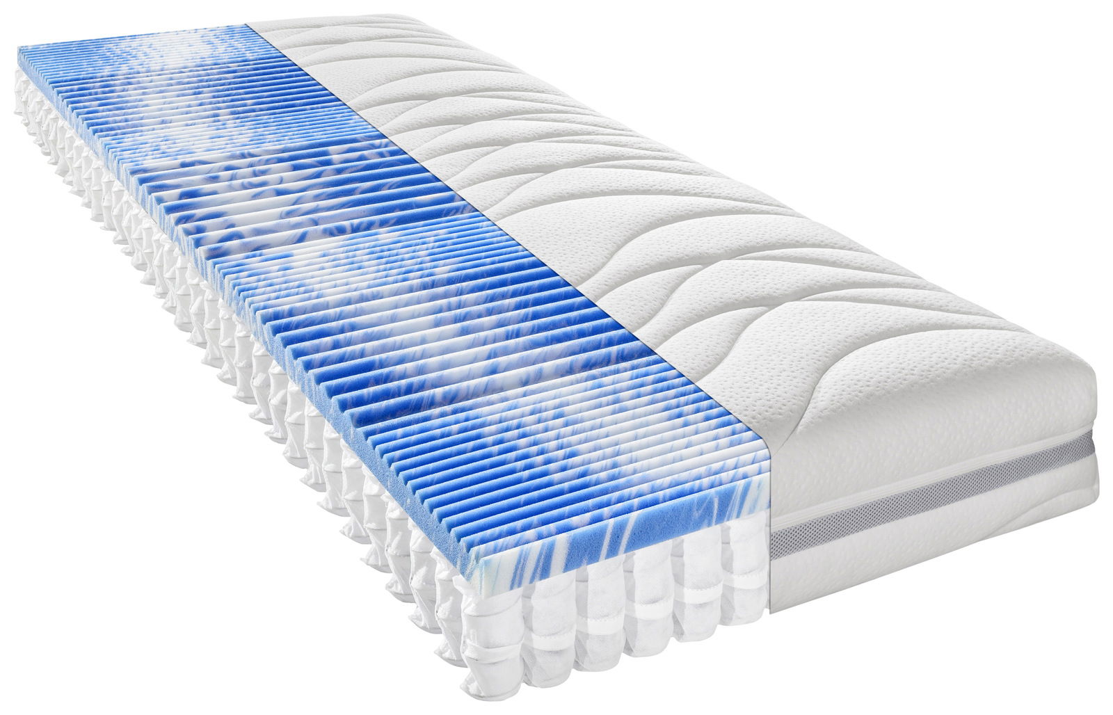 Sleeptex TTFK-Matratze H3 PERFECT TOUCH T Querschnitt einer TTFK-Matratze H3 100 x 200 cm mit blauen und weißen Schichten, seitliche Perspektive