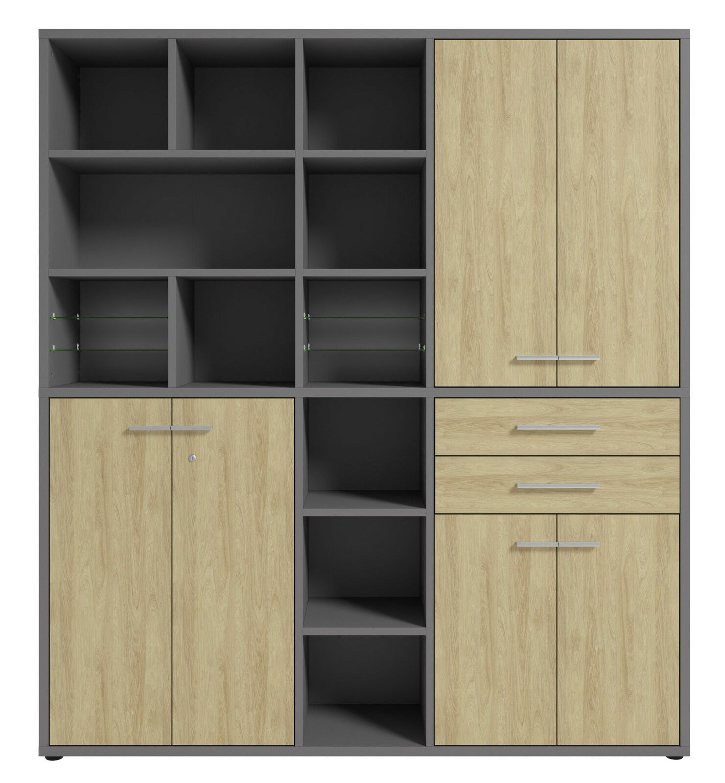 Aktenschrank hoch mit mehreren offenen Fächern und Schubladen, frontal betrachtet.