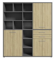 Aktenschrank hoch mit mehreren offenen Fächern und Schubladen, frontal betrachtet.