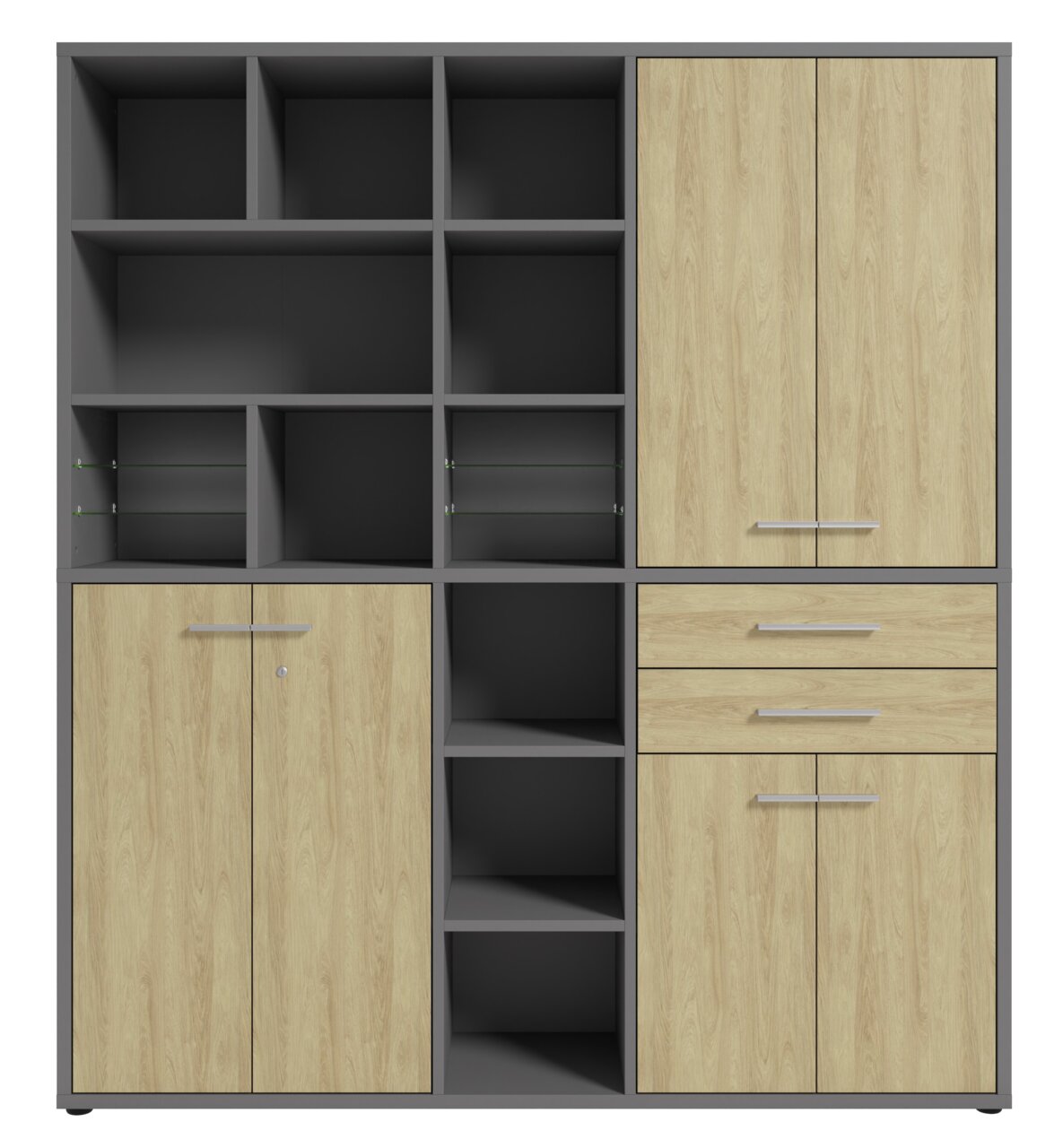 Aktenschrank hoch mit mehreren offenen Fächern und Schubladen, frontal betrachtet.