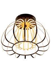 Moderne LED-Deckenleuchte mit schwarzem und gelbem Drahtdesign, von unten betrachtet.