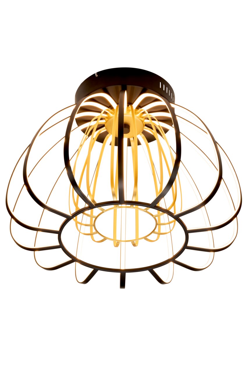 Moderne LED-Deckenleuchte mit schwarzem und gelbem Drahtdesign, von unten betrachtet.