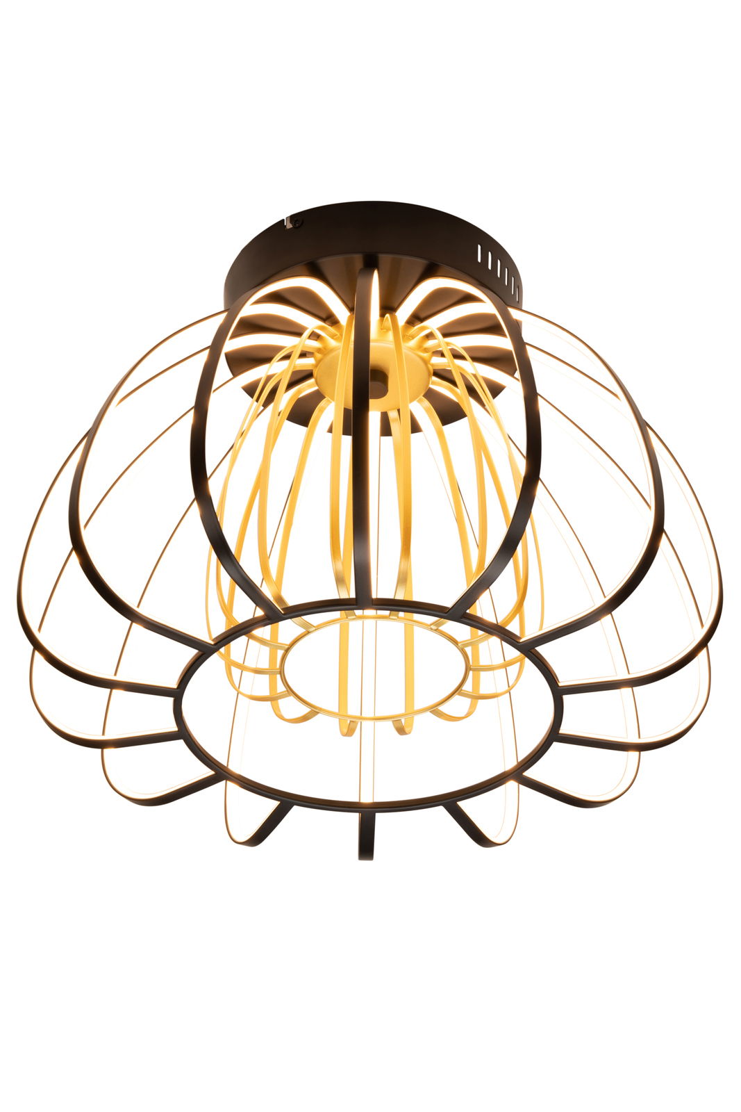 Moderne LED-Deckenleuchte mit schwarzem und gelbem Drahtdesign, von unten betrachtet.