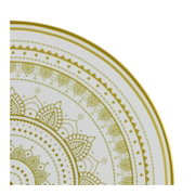Detailaufnahme eines weißen Tellers mit goldfarbenem Mandala-Ornament und goldenem Rand, aus schräger Draufsicht auf den oberen rechten Bereich
