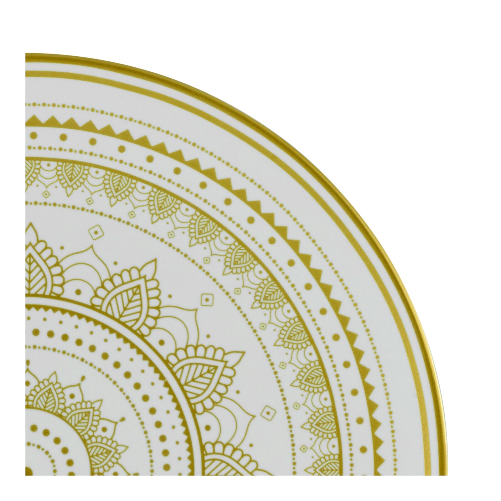 Detailaufnahme eines weißen Tellers mit goldfarbenem Mandala-Ornament und goldenem Rand, aus schräger Draufsicht auf den oberen rechten Bereich