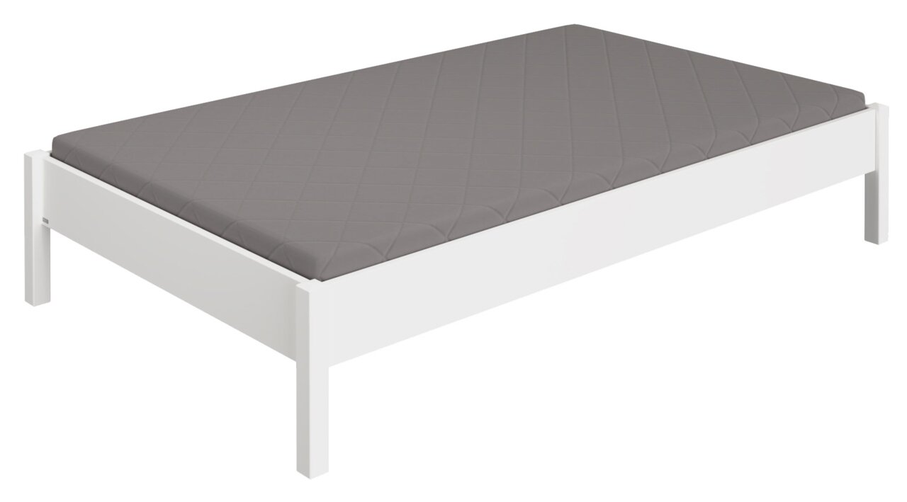 Studioliege mit weißem Rahmen und grauer Matratze, seitliche Perspektive