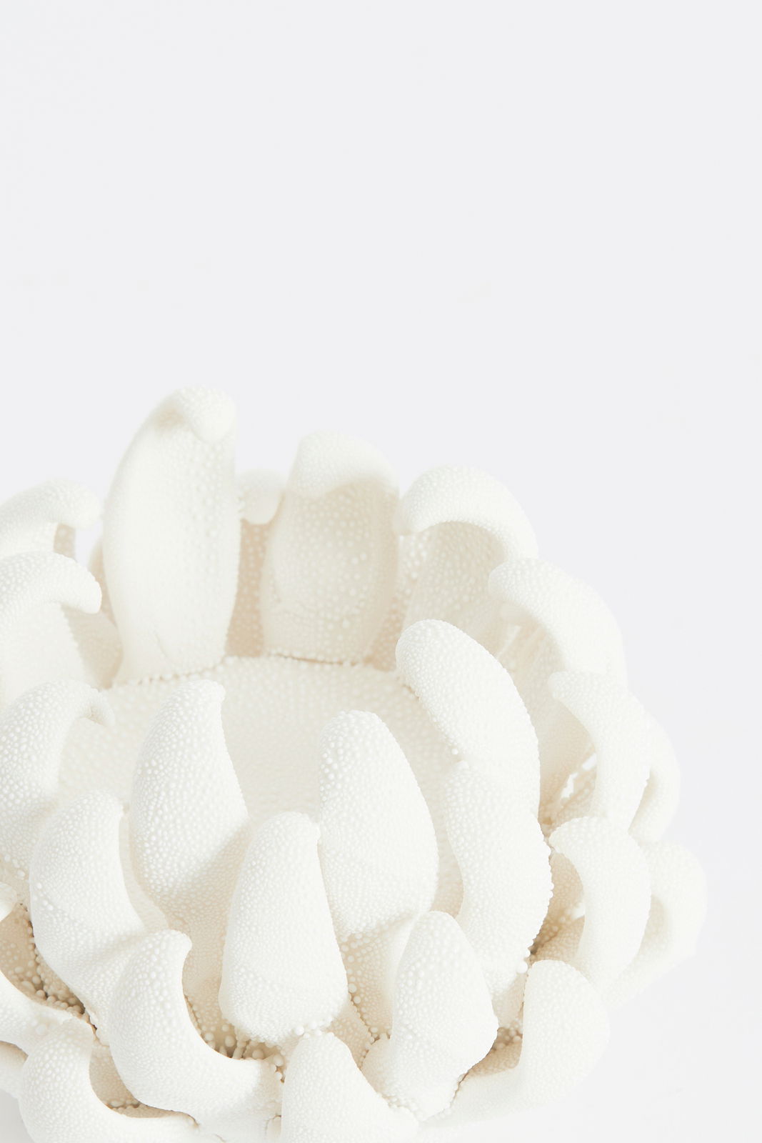 Nahaufnahme eines weißen Teelichthalters mit strukturierter Oberfläche und blütenblattartigem Design, von oben betrachtet.