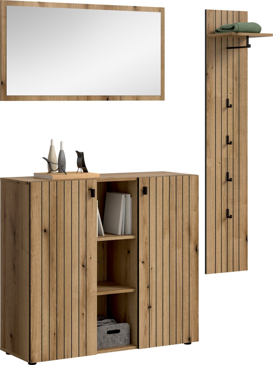MID.YOU Garderobenkombination STATION Garderoben-Set in Eichenholz-Optik mit großem Wandspiegel, Sideboard mit Lamellenfront und schwarzen Griffen sowie Garderobenpaneel mit Ablage und Haken, Ansicht schräg von vorn