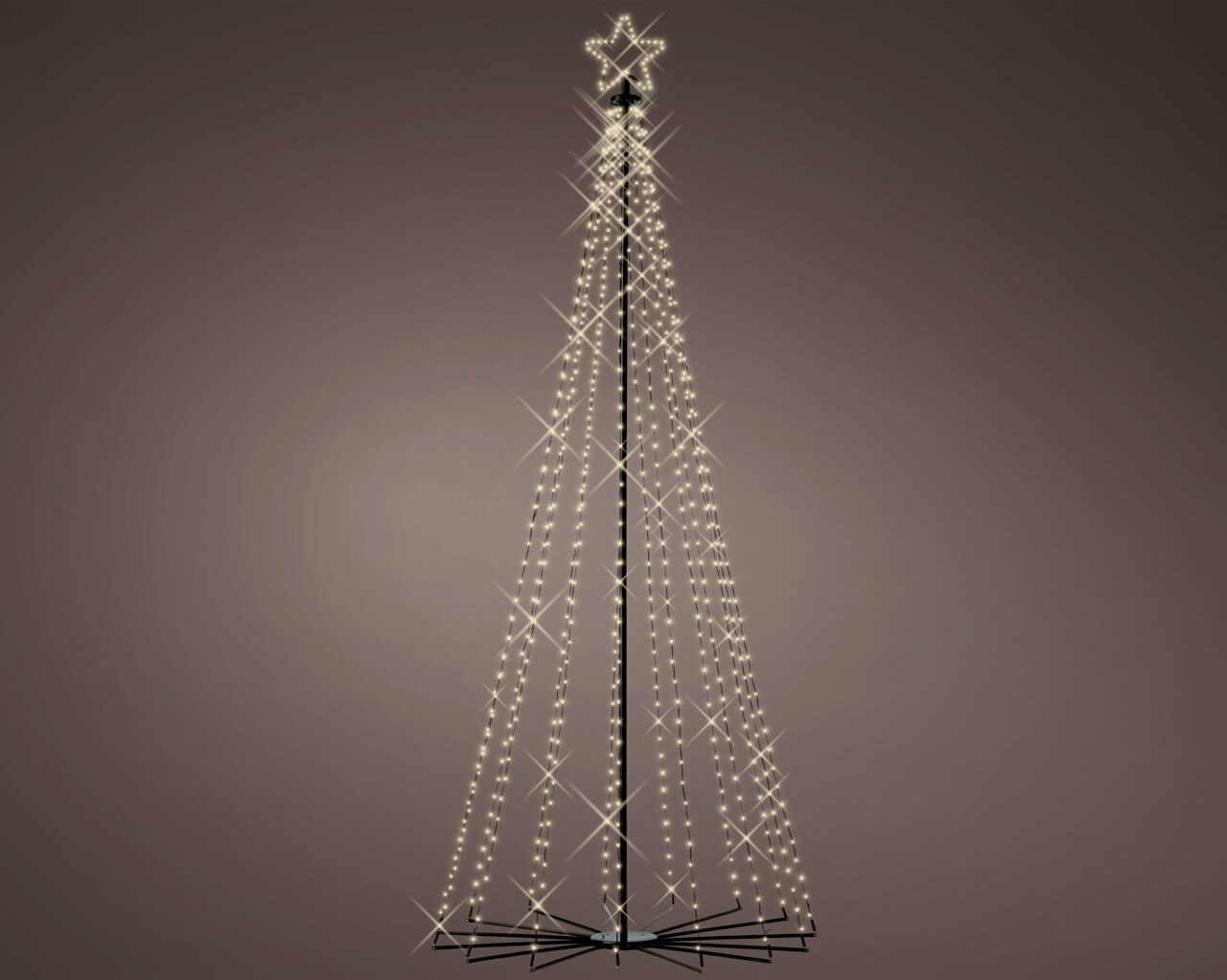 Lumineo LED-Baum 240cm LED Baum aus Eisen mit Twinkle Effekt, frontal betrachtet, mit leuchtenden Lichtern in Form eines Weihnachtsbaums und einem Stern an der Spitze.