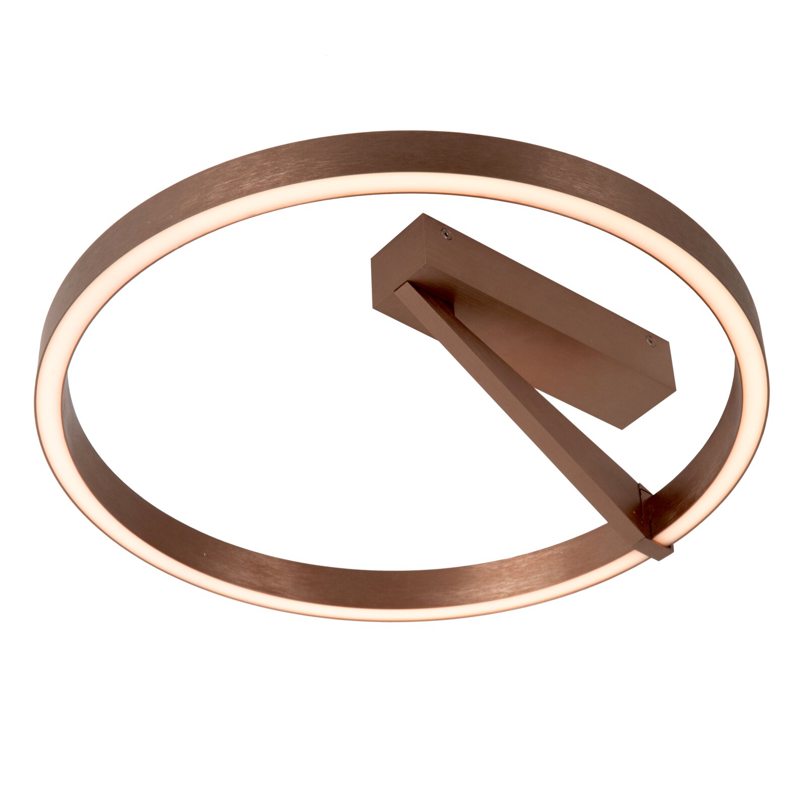 Runde LED-Deckenleuchte in Ringform mit bronzefarbenem Metallrahmen und warmweißem Licht, Unteransicht in schräger Perspektive vor weißem Hintergrund