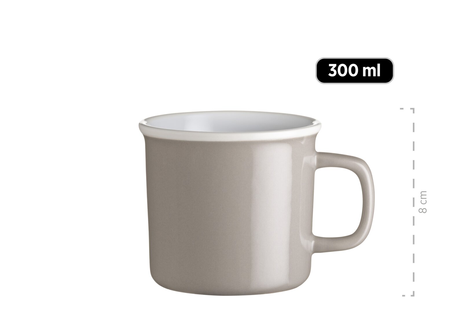 Weiße Keramik-Tasse mit Henkel, 300 ml Fassungsvermögen und ca. 8 cm Höhe, in seitlicher Produktansicht vor weißem Hintergrund