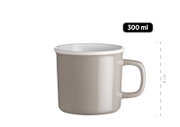 Weiße Keramik-Tasse mit Henkel, 300 ml Fassungsvermögen und ca. 8 cm Höhe, in seitlicher Produktansicht vor weißem Hintergrund