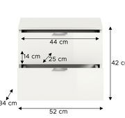 Weiße Sitzbank oder Kommode mit zwei Schubladen, Frontansicht, Maße: 52 cm Breite, 42 cm Höhe, 34 cm Tiefe