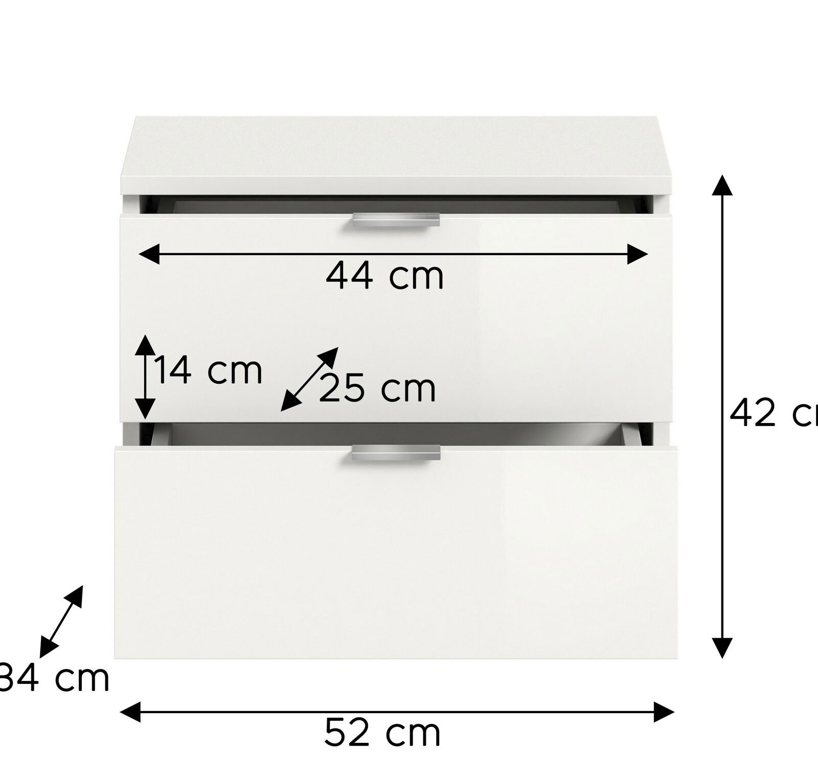 Weiße Sitzbank oder Kommode mit zwei Schubladen, Frontansicht, Maße: 52 cm Breite, 42 cm Höhe, 34 cm Tiefe