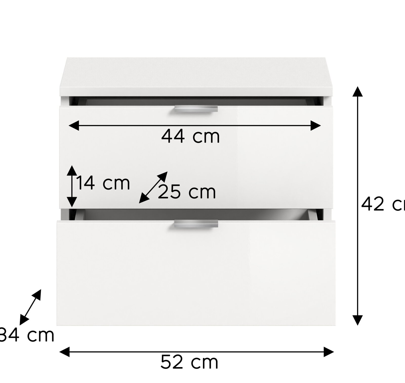 Weiße Sitzbank oder Kommode mit zwei Schubladen, Frontansicht, Maße: 52 cm Breite, 42 cm Höhe, 34 cm Tiefe