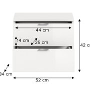 Weiße Sitzbank oder Kommode mit zwei Schubladen, Frontansicht, Maße: 52 cm Breite, 42 cm Höhe, 34 cm Tiefe