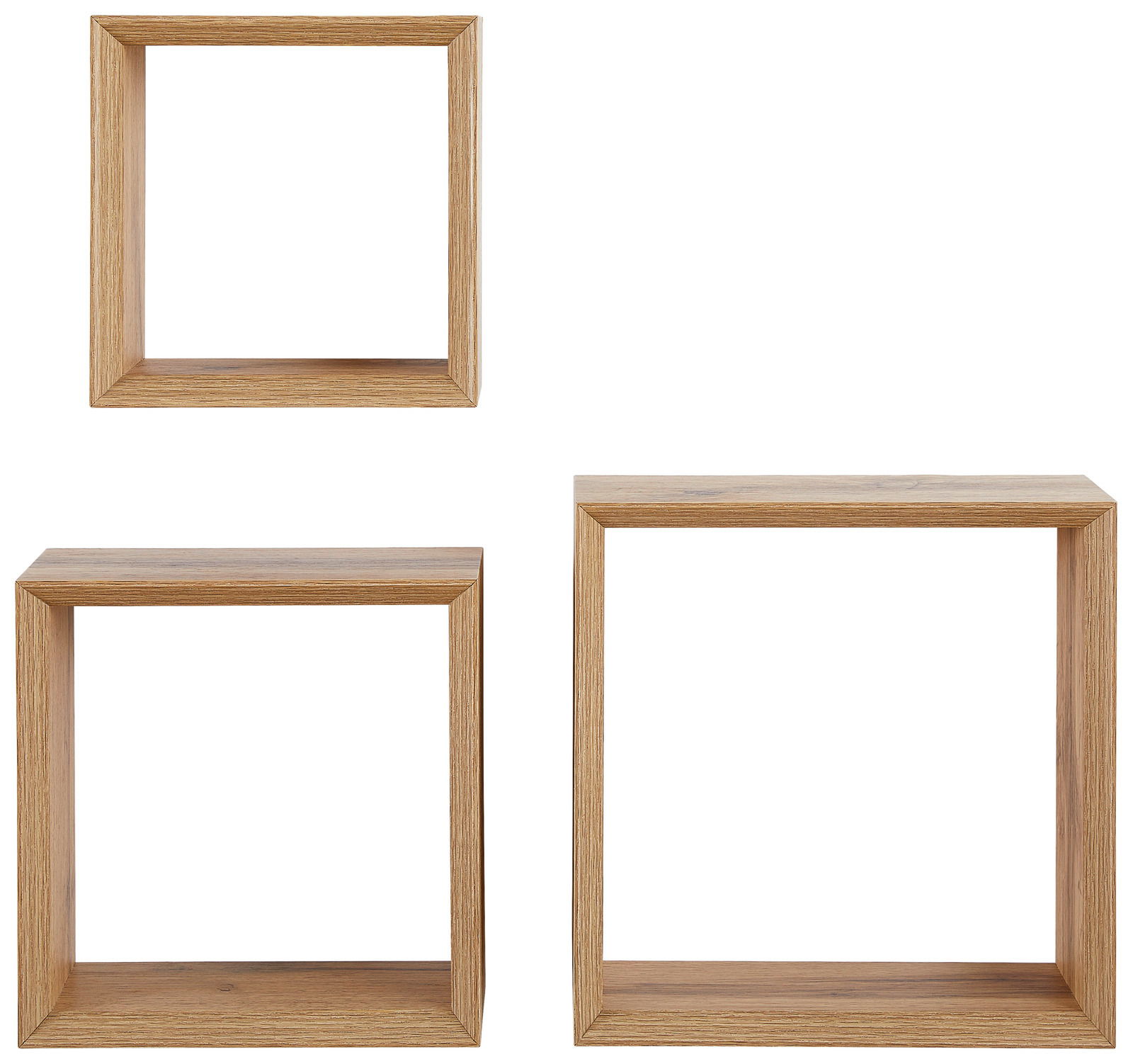 Dreiteiliges Wandregal-Set aus Holz in quadratischer Form, frontal abgebildet.