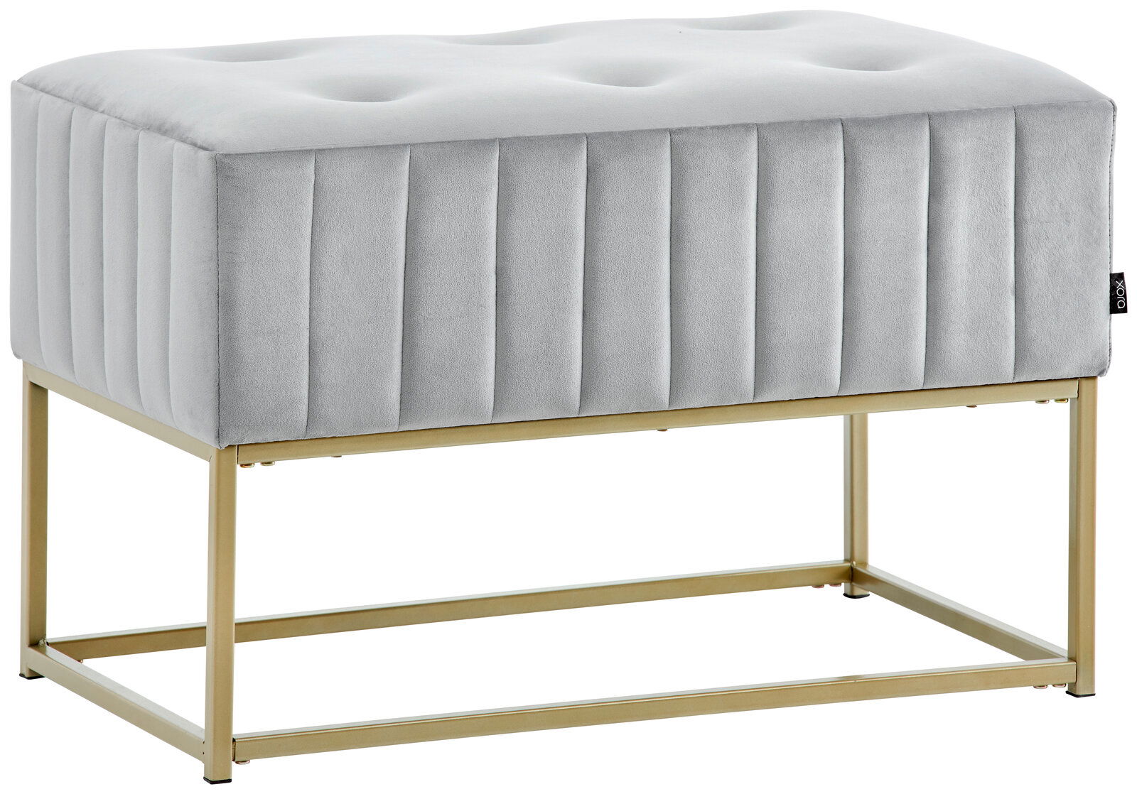 Graue Hockerbank mit gestepptem Polster und goldfarbenem Metallgestell, seitliche Perspektive
