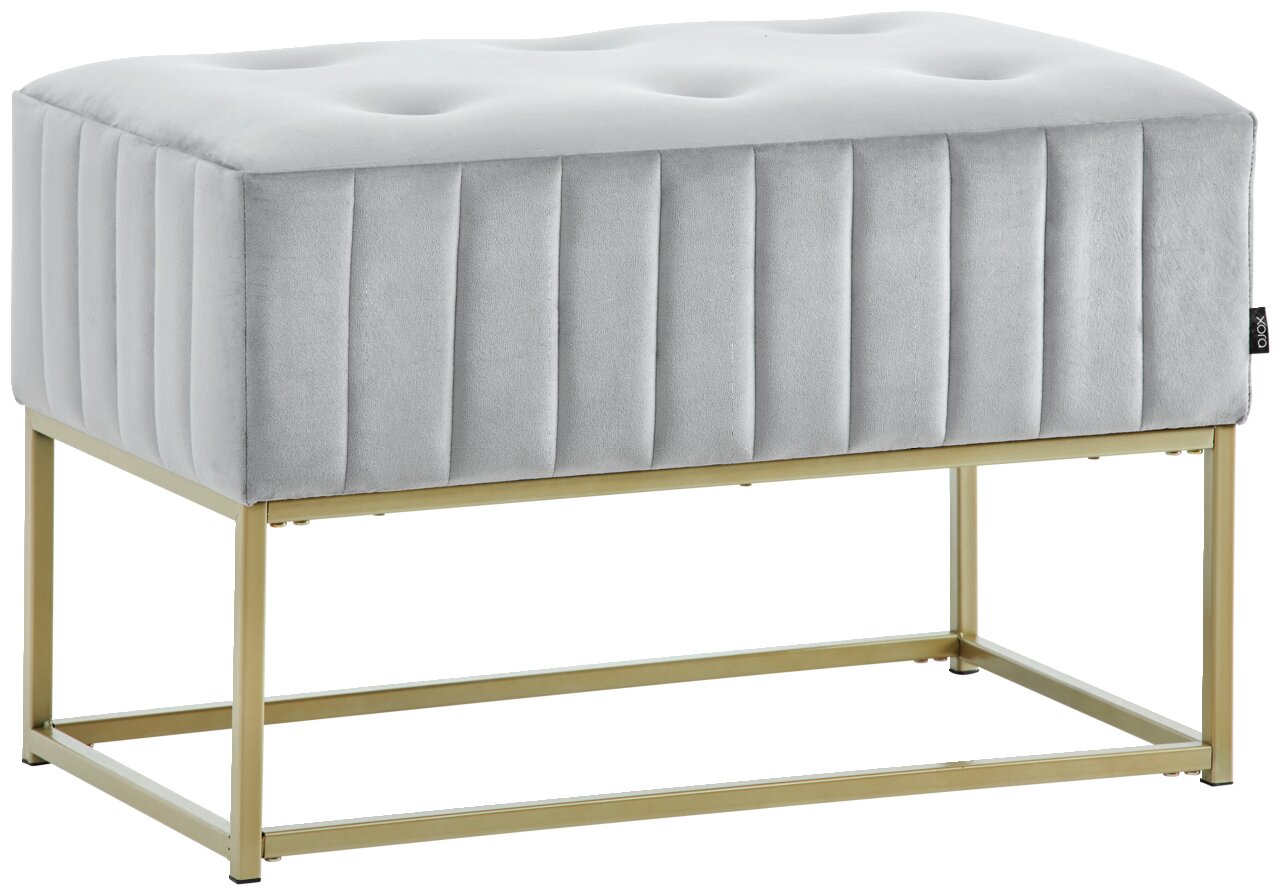 Grijze zitbank met gewatteerde bekleding en goudkleurig metalen frame, zijaanzicht
