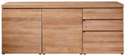 Frontale Ansicht eines modernen Sideboards aus hellem Holz mit zwei Türen und zwei Schubladen.