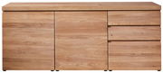 Frontale Ansicht eines modernen Sideboards aus hellem Holz mit zwei Türen und zwei Schubladen.