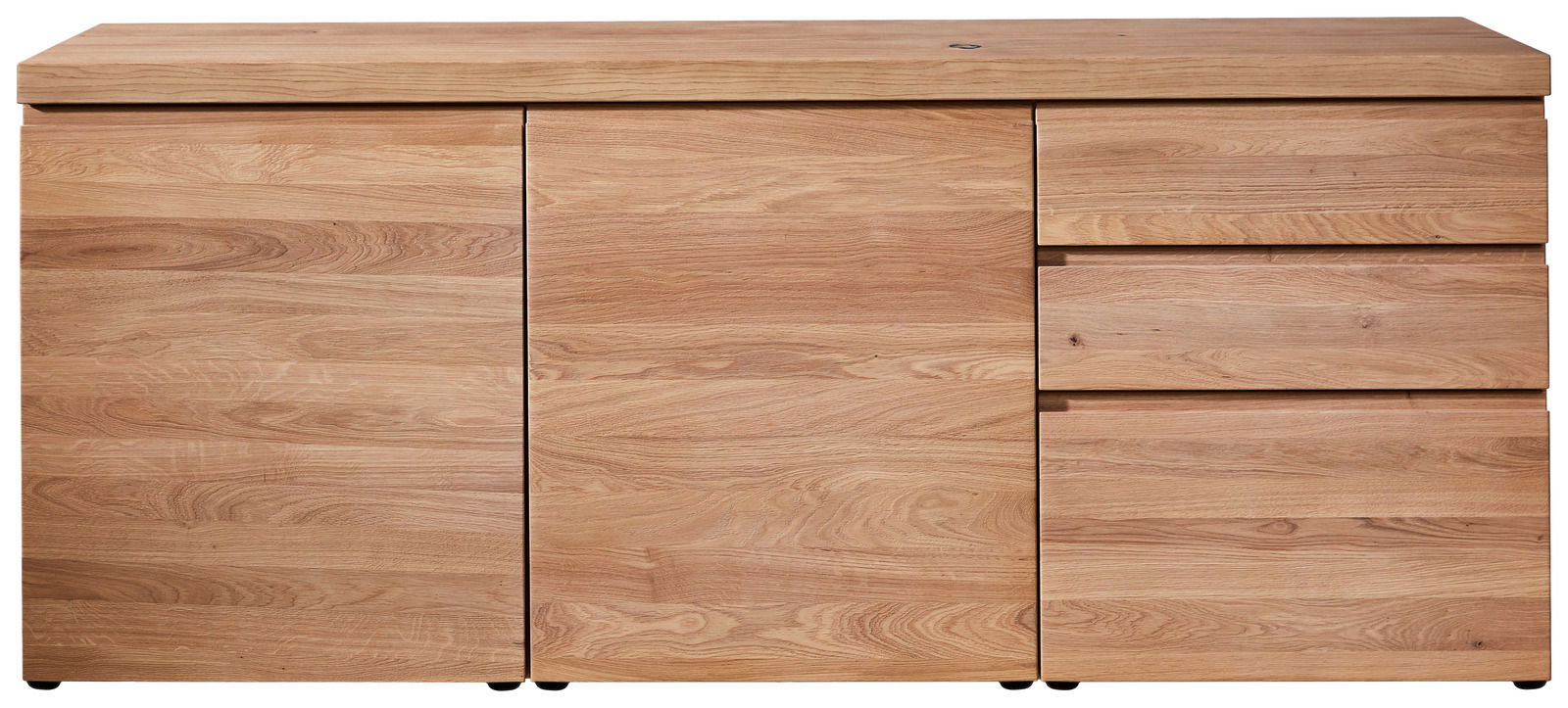 Frontale Ansicht eines modernen Sideboards aus hellem Holz mit zwei Türen und zwei Schubladen.