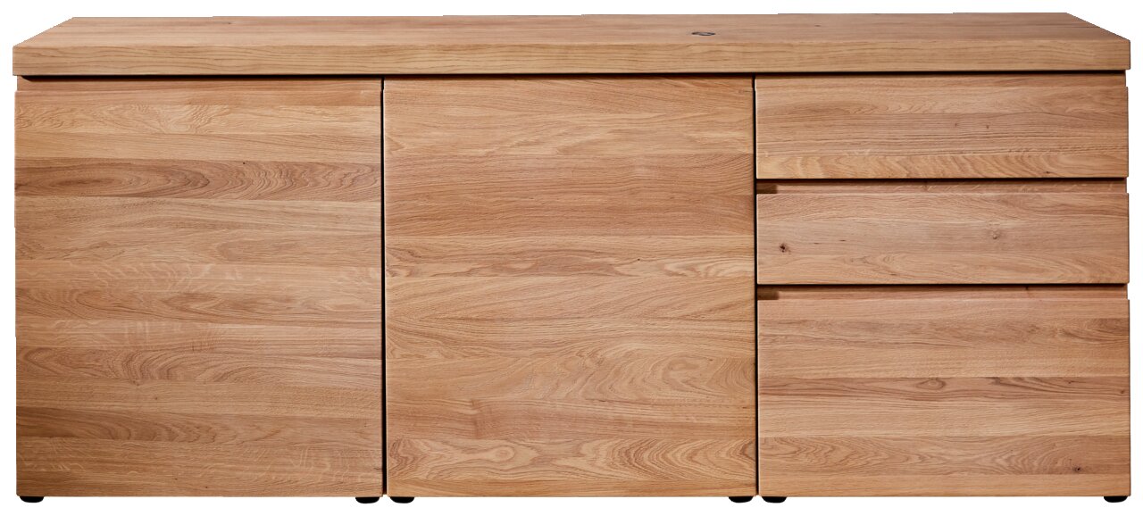 Frontale Ansicht eines modernen Sideboards aus hellem Holz mit zwei Türen und zwei Schubladen.