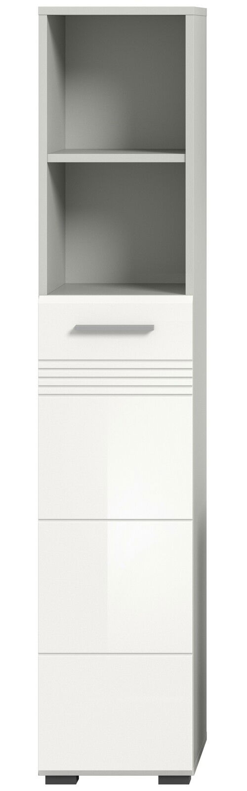 Moderner Hochschrank in Weiß mit zwei offenen Regalfächern und drei Schubladen, Frontalansicht