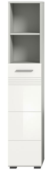 Moderner Hochschrank in Weiß mit zwei offenen Regalfächern und drei Schubladen, Frontalansicht