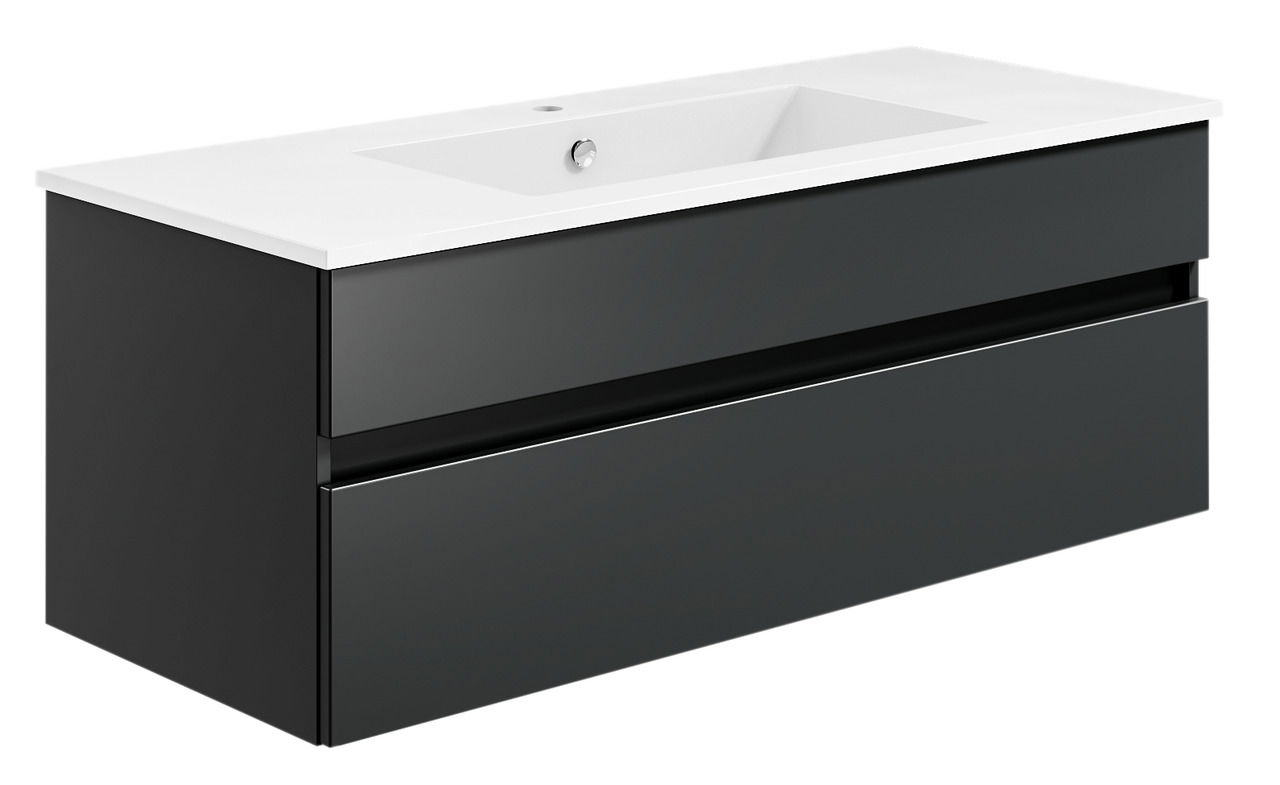 Moderne Badkombination mit weißem Waschbecken und schwarzem Unterschrank, seitliche Perspektive