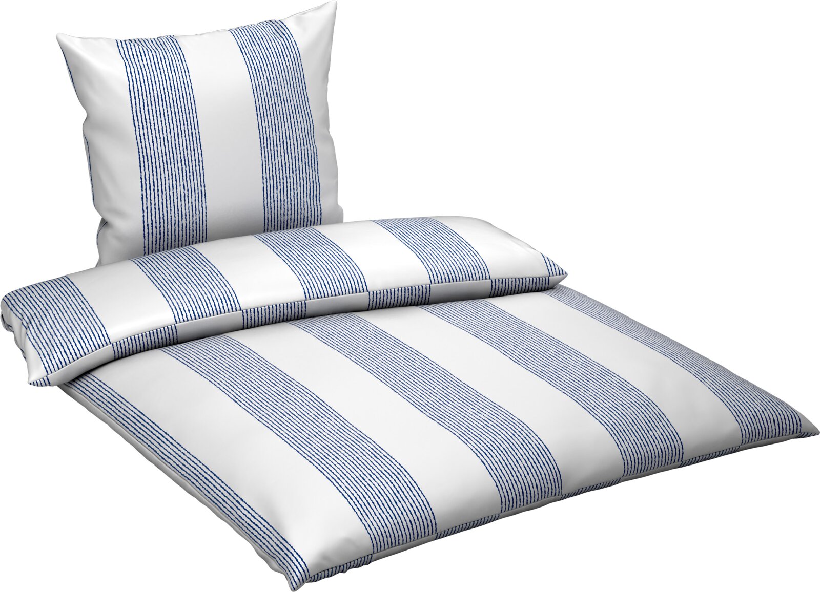 Novel Satin Bettwäsche 135/200cm MAREEN MARINE Weißes Bettwäsche-Set mit blauen Streifen, bestehend aus Deckenbezug und Kissenbezug, in schräger Vorderansicht freigestellt auf weißem Hintergrund