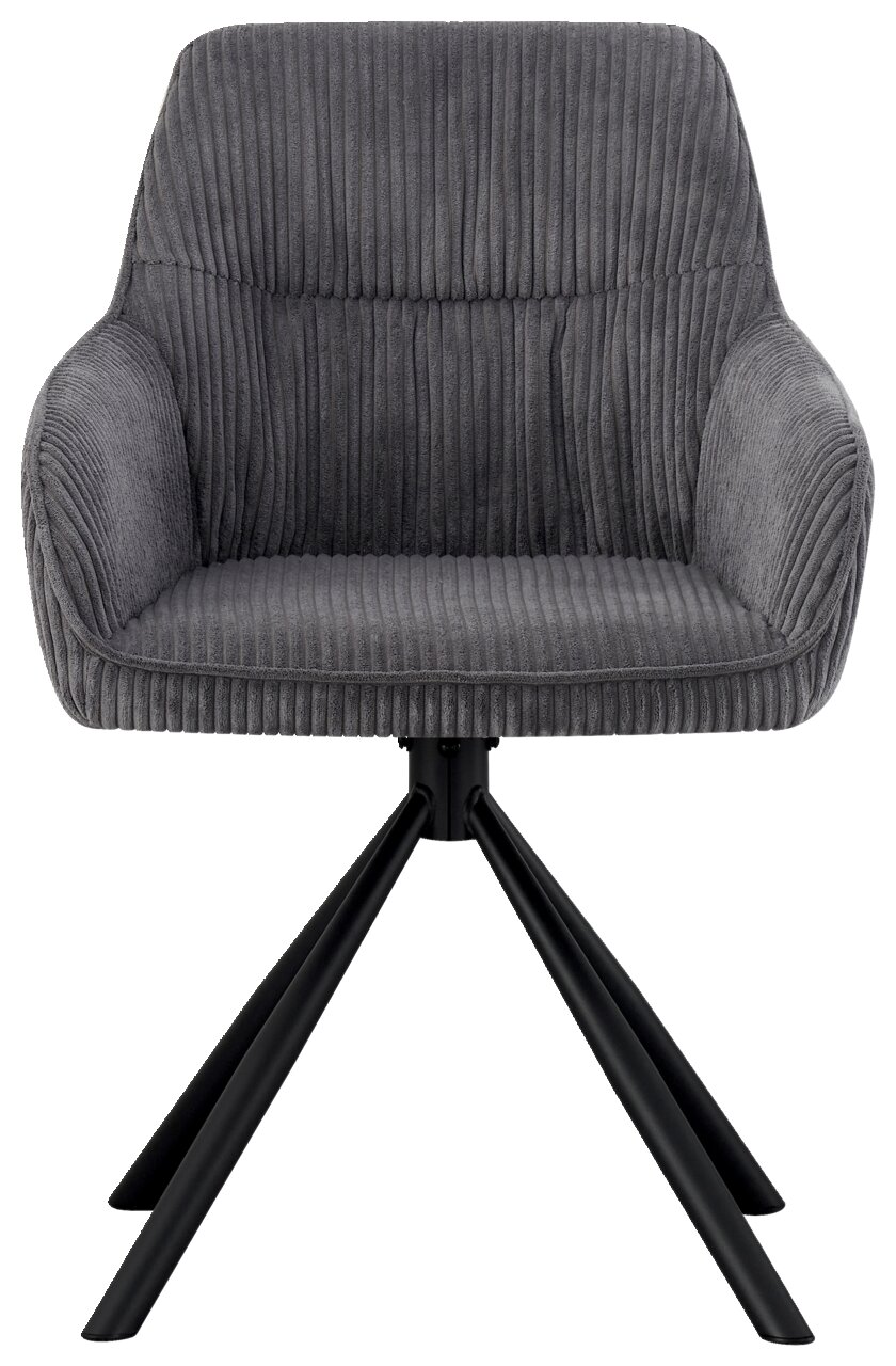 Grauer Armlehnstuhl mit geripptem Stoffbezug und schwarzem Metallgestell, Frontalansicht
