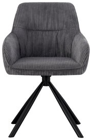 Grauer Armlehnstuhl mit geripptem Stoffbezug und schwarzem Metallgestell, Frontalansicht