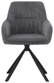 Grauer Armlehnstuhl mit geripptem Stoffbezug und schwarzem Metallgestell, Frontalansicht