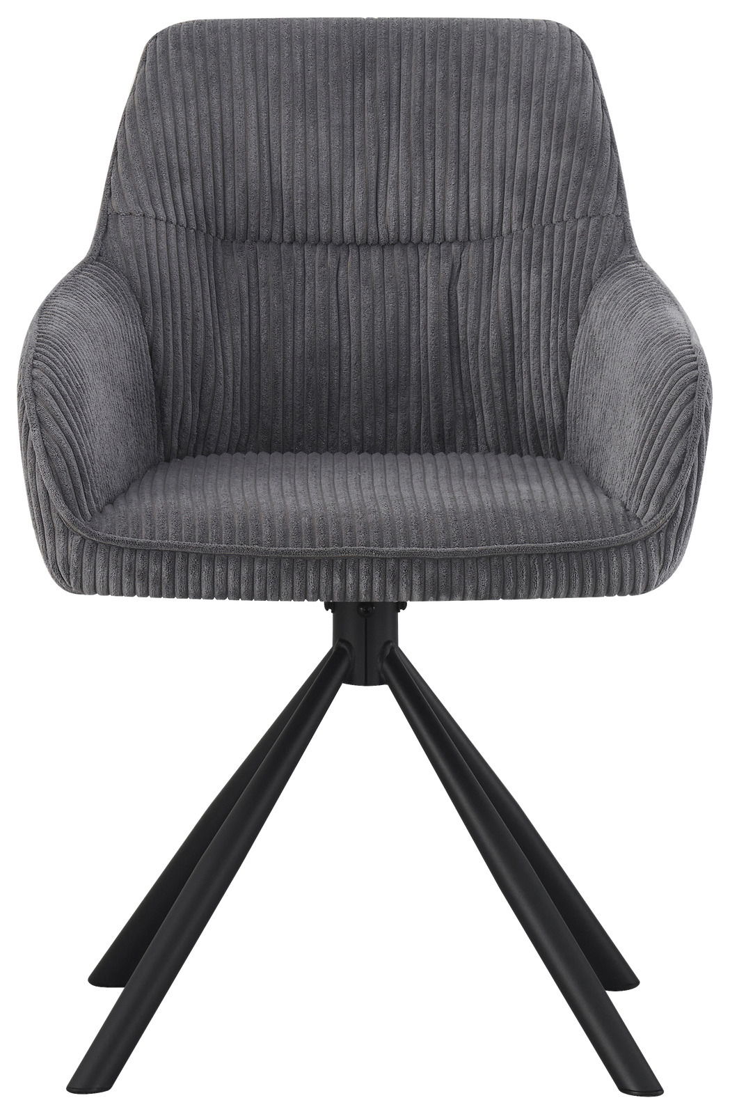 Grauer Armlehnstuhl mit geripptem Stoffbezug und schwarzem Metallgestell, Frontalansicht