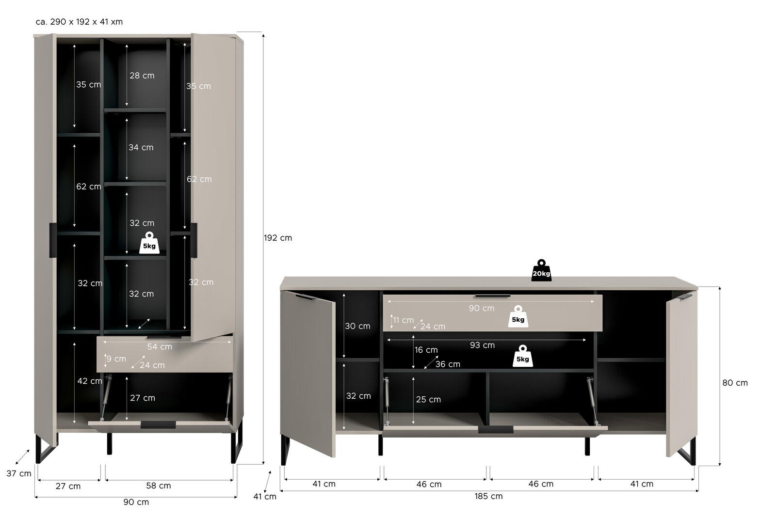Technische Maßzeichnung eines zweiteiligen Wohnzimmermöbel-Sets: hoher Schrank (ca. 90 × 192 × 41 cm) und Sideboard (ca. 185 × 80 × 41 cm) in Beige mit schwarzen Füßen, geöffneten Türen und eingezeichneten Innenmaßen sowie Belastungsangaben; Perspektive: 