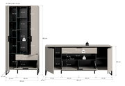 Technische Maßzeichnung eines zweiteiligen Wohnzimmermöbel-Sets: hoher Schrank (ca. 90 × 192 × 41 cm) und Sideboard (ca. 185 × 80 × 41 cm) in Beige mit schwarzen Füßen, geöffneten Türen und eingezeichneten Innenmaßen sowie Belastungsangaben; Perspektive: 