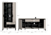 Technische Maßzeichnung eines zweiteiligen Wohnzimmermöbel-Sets: hoher Schrank (ca. 90 × 192 × 41 cm) und Sideboard (ca. 185 × 80 × 41 cm) in Beige mit schwarzen Füßen, geöffneten Türen und eingezeichneten Innenmaßen sowie Belastungsangaben; Perspektive: 