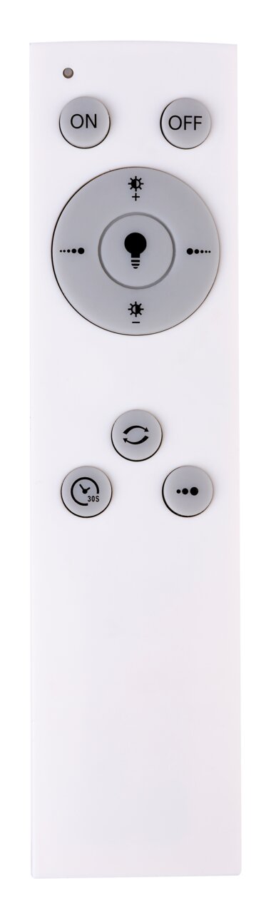Fernbedienung für Deckenleuchte, Vorderansicht mit Tasten für Ein/Aus, Helligkeit und Timer.