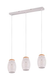 Moderne Pendelleuchte mit drei hängenden Lampenschirmen in geometrischem Design, seitliche Perspektive