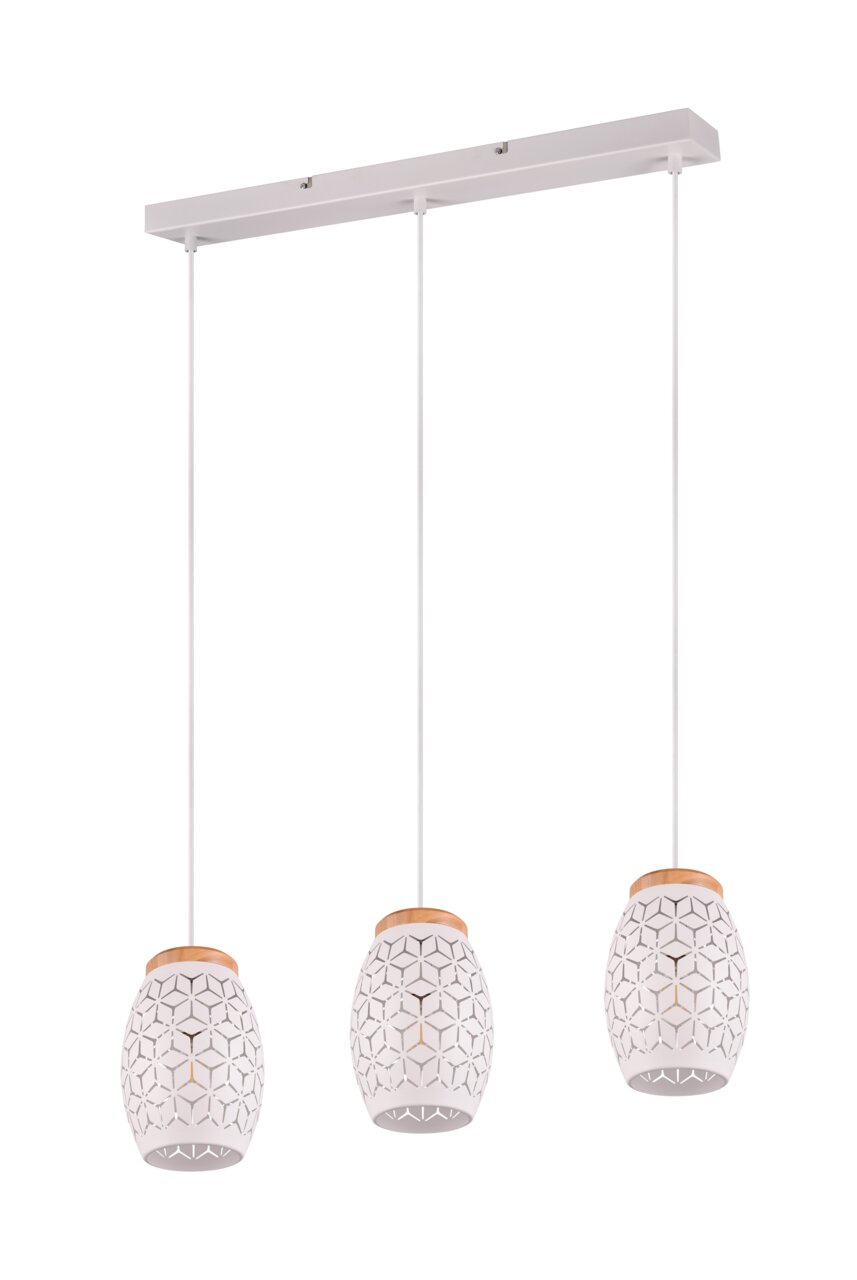 Moderne Pendelleuchte mit drei hängenden Lampenschirmen in geometrischem Design, seitliche Perspektive