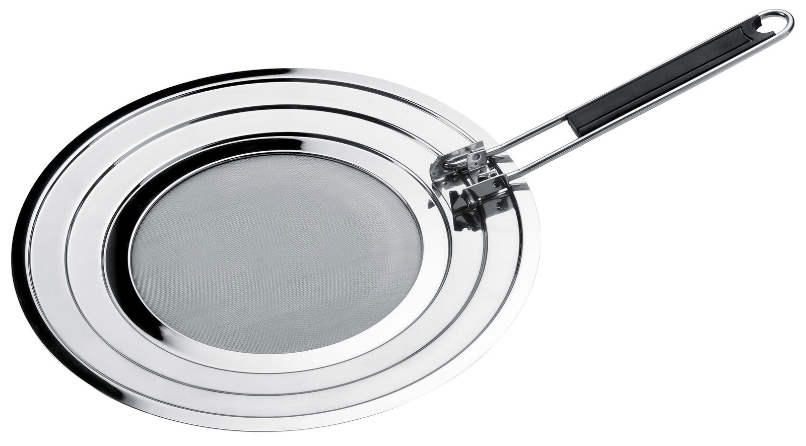 Justinus Spritzschutz Spritzschutz mit Griff, Draufsicht, Durchmesser 30 cm, aus Metall mit feinem Netz und langem Griff.