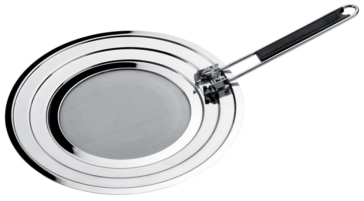 Justinus Spritzschutz Spritzschutz mit Griff, Draufsicht, Durchmesser 30 cm, aus Metall mit feinem Netz und langem Griff.