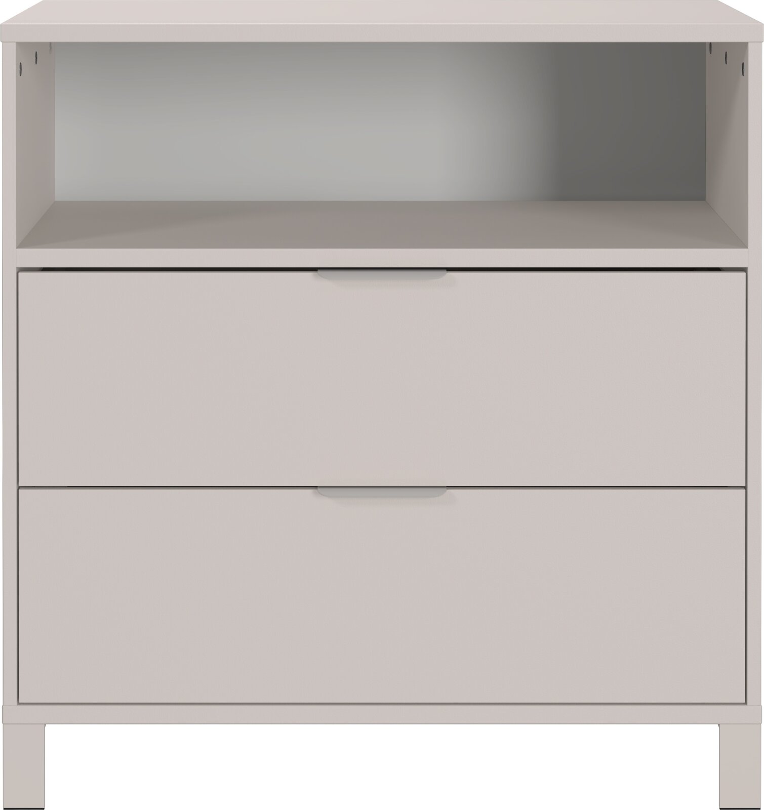 Commode met twee lades en een open vak, gezien vanaf de voorkant